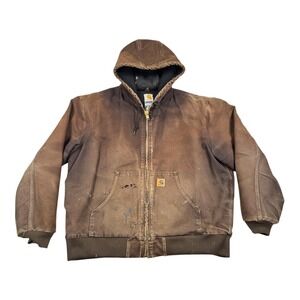 Vtg Carhartt J130 DKB Jacket Mens XL Brown Hooded Canvas Work Bomber Distressed